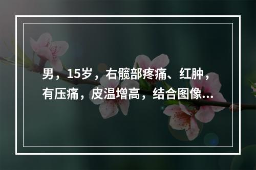 男，15岁，右髋部疼痛、红肿，有压痛，皮温增高，结合图像，最