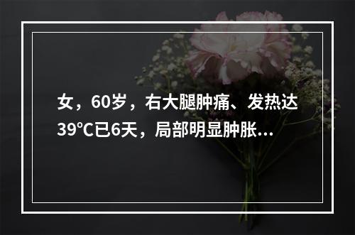 女，60岁，右大腿肿痛、发热达39℃已6天，局部明显肿胀，压