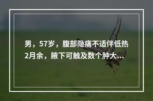 男，57岁，腹部隐痛不适伴低热2月余，腋下可触及数个肿大的淋