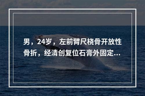 男，24岁，左前臂尺桡骨开放性骨折，经清创复位石膏外固定后3