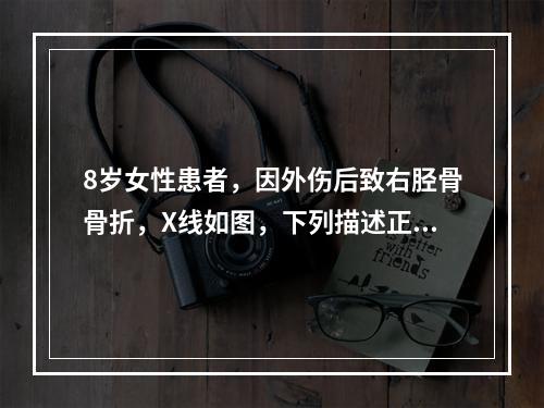 8岁女性患者，因外伤后致右胫骨骨折，X线如图，下列描述正确的