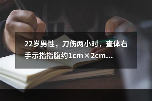 22岁男性，刀伤两小时，查体右手示指指腹约1cm×2cm的皮