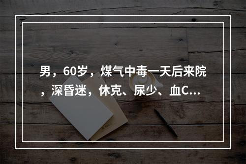 男，60岁，煤气中毒一天后来院，深昏迷，休克、尿少、血COH