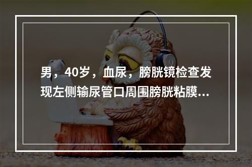 男，40岁，血尿，膀胱镜检查发现左侧输尿管口周围膀胱粘膜充血