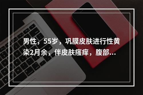 男性，55岁，巩膜皮肤进行性黄染2月余，伴皮肤瘙痒，腹部检查