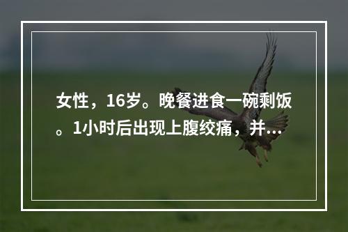 女性，16岁。晚餐进食一碗剩饭。1小时后出现上腹绞痛，并持续