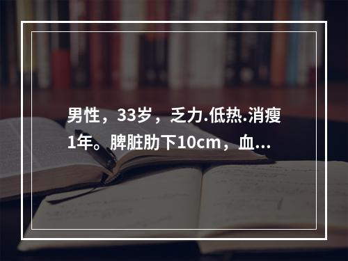 男性，33岁，乏力.低热.消瘦1年。脾脏肋下10cm，血Hb