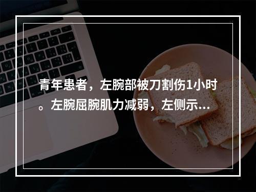 青年患者，左腕部被刀割伤1小时。左腕屈腕肌力减弱，左侧示指、