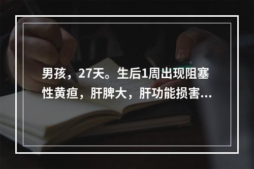 男孩，27天。生后1周出现阻塞性黄疸，肝脾大，肝功能损害，并