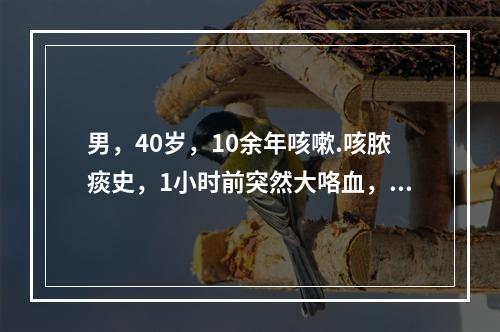 男，40岁，10余年咳嗽.咳脓痰史，1小时前突然大咯血，考虑