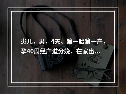 患儿，男，4天。第一胎第一产，孕40周经产道分娩，在家出生。