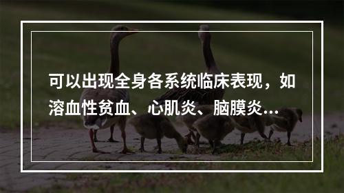 可以出现全身各系统临床表现，如溶血性贫血、心肌炎、脑膜炎等的