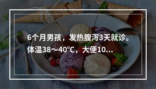 6个月男孩，发热腹泻3天就诊。体温38～40℃，大便10～1