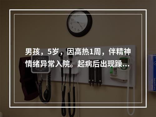 男孩，5岁，因高热1周，伴精神情绪异常入院。起病后出现躁狂、