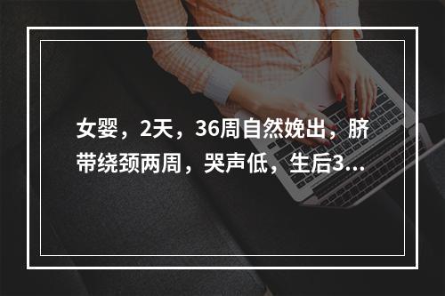 女婴，2天，36周自然娩出，脐带绕颈两周，哭声低，生后36小