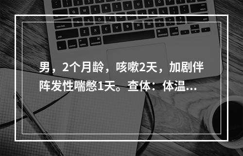 男，2个月龄，咳嗽2天，加剧伴阵发性喘憋1天。查体：体温37