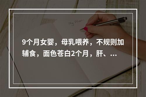 9个月女婴，母乳喂养，不规则加辅食，面色苍白2个月，肝、脾未