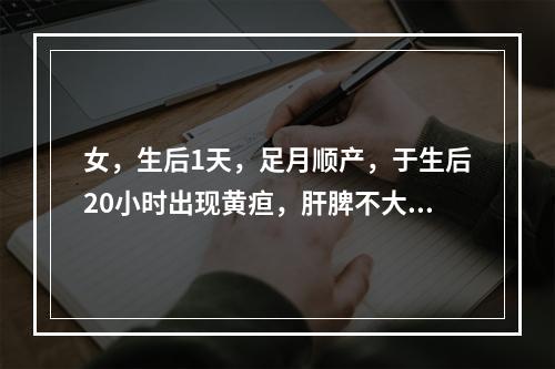 女，生后1天，足月顺产，于生后20小时出现黄疸，肝脾不大，母