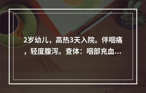 2岁幼儿，高热3天入院。伴咽痛，轻度腹泻。查体：咽部充血，见