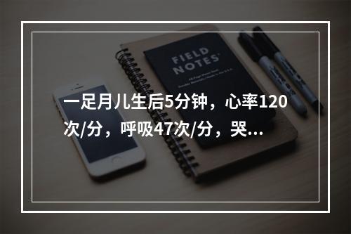 一足月儿生后5分钟，心率120次/分，呼吸47次/分，哭声响