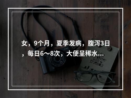 女，9个月，夏季发病，腹泻3日，每日6～8次，大便呈稀水样，