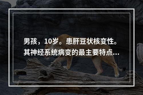 男孩，10岁。患肝豆状核变性。其神经系统病变的最主要特点是