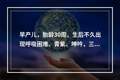 早产儿，胎龄30周，生后不久出现呼吸困难、青紫、呻吟，三凹征