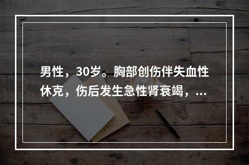 男性，30岁。胸部创伤伴失血性休克，伤后发生急性肾衰竭，以下