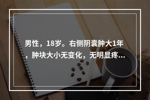 男性，18岁。右侧阴囊肿大1年，肿块大小无变化，无明显疼痛。