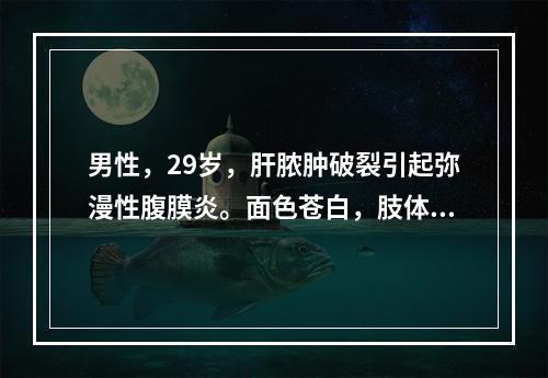 男性，29岁，肝脓肿破裂引起弥漫性腹膜炎。面色苍白，肢体湿冷