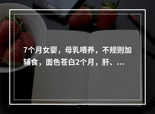 7个月女婴，母乳喂养，不规则加辅食，面色苍白2个月，肝、脾未