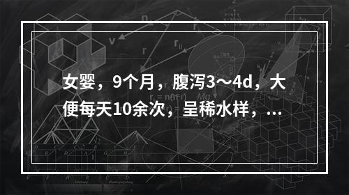 女婴，9个月，腹泻3～4d，大便每天10余次，呈稀水样，伴呕