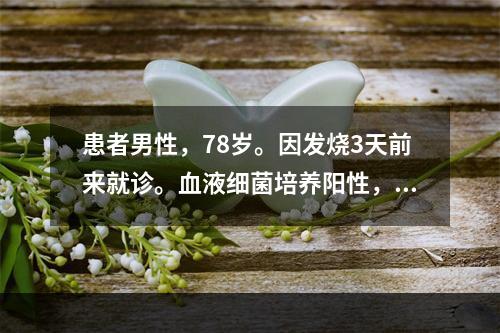 患者男性，78岁。因发烧3天前来就诊。血液细菌培养阳性，血液