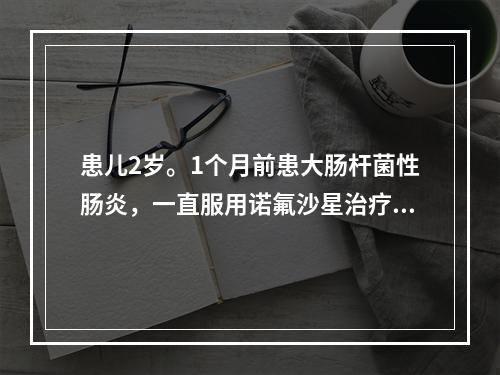 患儿2岁。1个月前患大肠杆菌性肠炎，一直服用诺氟沙星治疗，近