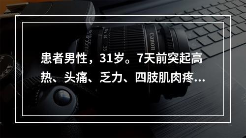 患者男性，31岁。7天前突起高热、头痛、乏力、四肢肌肉疼痛不