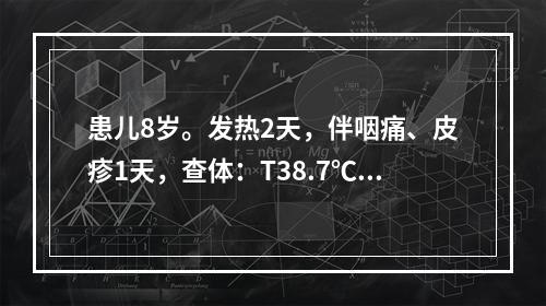 患儿8岁。发热2天，伴咽痛、皮疹1天，查体：T38.7℃，咽