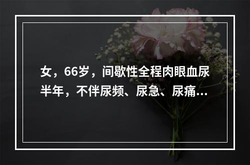 女，66岁，间歇性全程肉眼血尿半年，不伴尿频、尿急、尿痛，尿