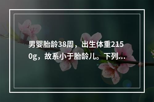 男婴胎龄38周，出生体重2150g，故系小于胎龄儿。下列各种