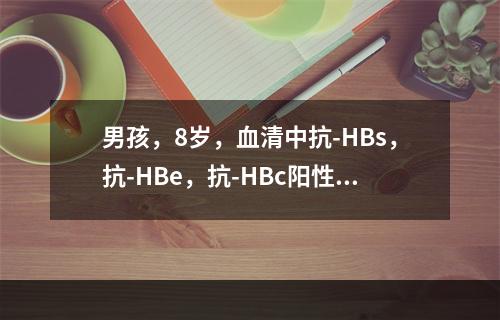 男孩，8岁，血清中抗-HBs，抗-HBe，抗-HBc阳性，其