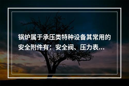 锅炉属于承压类特种设备其常用的安全附件有：安全阀、压力表、水