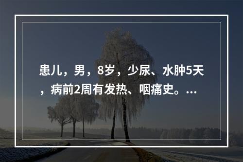 患儿，男，8岁，少尿、水肿5天，病前2周有发热、咽痛史。尿蛋