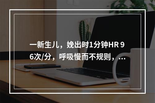 一新生儿，娩出时1分钟HR 96次/分，呼吸慢而不规则，四肢