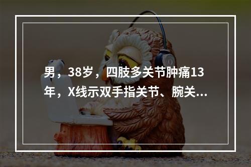 男，38岁，四肢多关节肿痛13年，X线示双手指关节、腕关节有