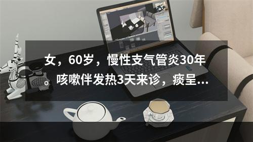 女，60岁，慢性支气管炎30年。咳嗽伴发热3天来诊，痰呈砖红