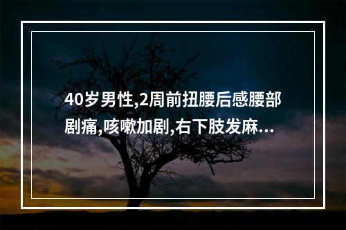 40岁男性,2周前扭腰后感腰部剧痛,咳嗽加剧,右下肢发麻。体