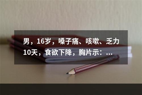 男，16岁，嗓子痛、咳嗽、乏力10天，食欲下降，胸片示：左下