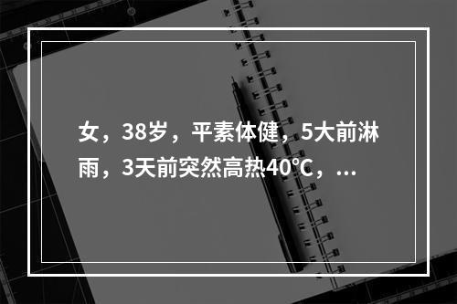 女，38岁，平素体健，5大前淋雨，3天前突然高热40℃，寒战