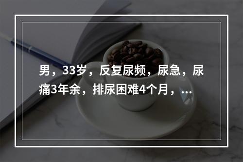 男，33岁，反复尿频，尿急，尿痛3年余，排尿困难4个月，尿常