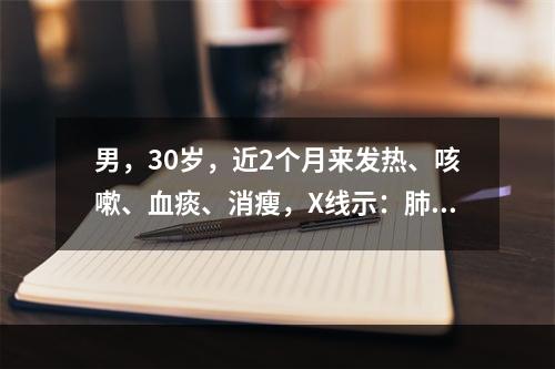 男，30岁，近2个月来发热、咳嗽、血痰、消瘦，X线示：肺有炎