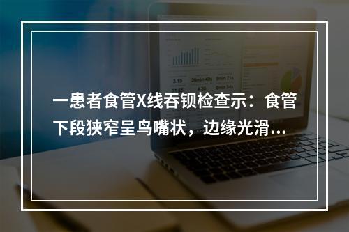 一患者食管X线吞钡检查示：食管下段狭窄呈鸟嘴状，边缘光滑，狭